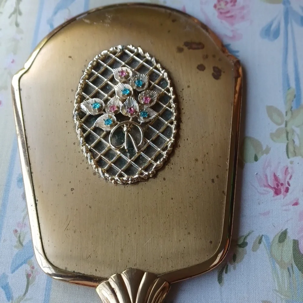Vintage Floral rhinestone Gold Tone Handheld Mirror, glass is missing